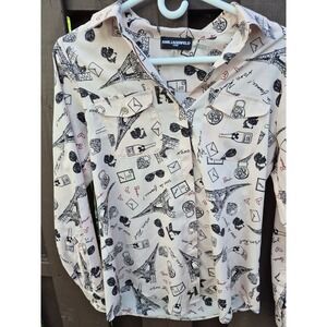 Karl Lagerfeld Blouse Pink‎ Love From Paris Eiffel Tower Size XS EUC